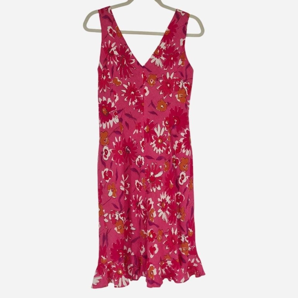 VTG Evan Picone Y2K linen pink floral Ruffle flounce hem midi dress Size 8 - Picture 5 of 7
